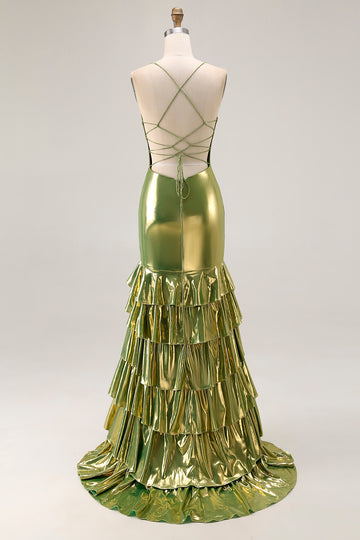 Gold Tiered Fitted Spaghetti Straps Prom Dress